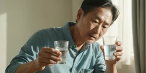 대장내시경 약 복용법에 따라 물 준비 중인 중년 남성