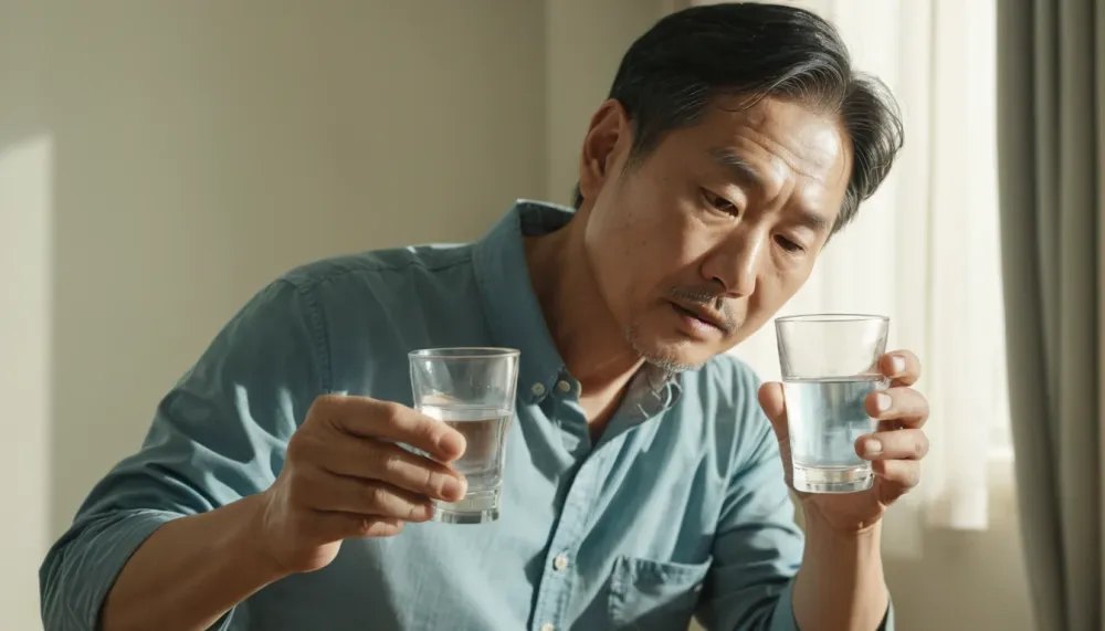 대장내시경 약 복용법에 따라 물 준비 중인 중년 남성