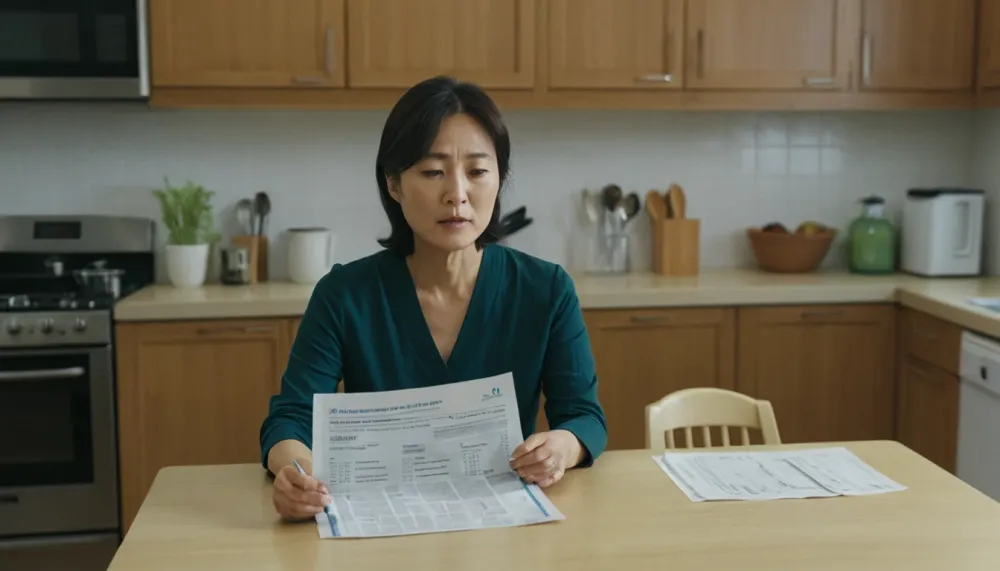 대장내시경 약 복용 설명서를 진지하게 읽고 있는 여성의 모습