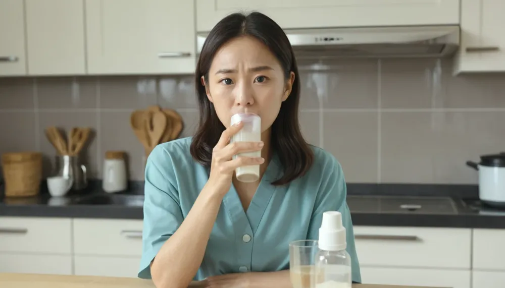 검사 전 복용하는 약을 정확한 양으로 마시고 있는 여성의 모습