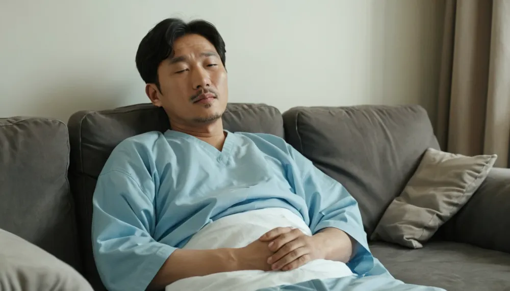 대장내시경 약 복용 후 조용한 공간에서 휴식을 취하고 있는 남성의 모습