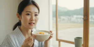 위내시경 후 식사에 좋은 미음 먹는 장면