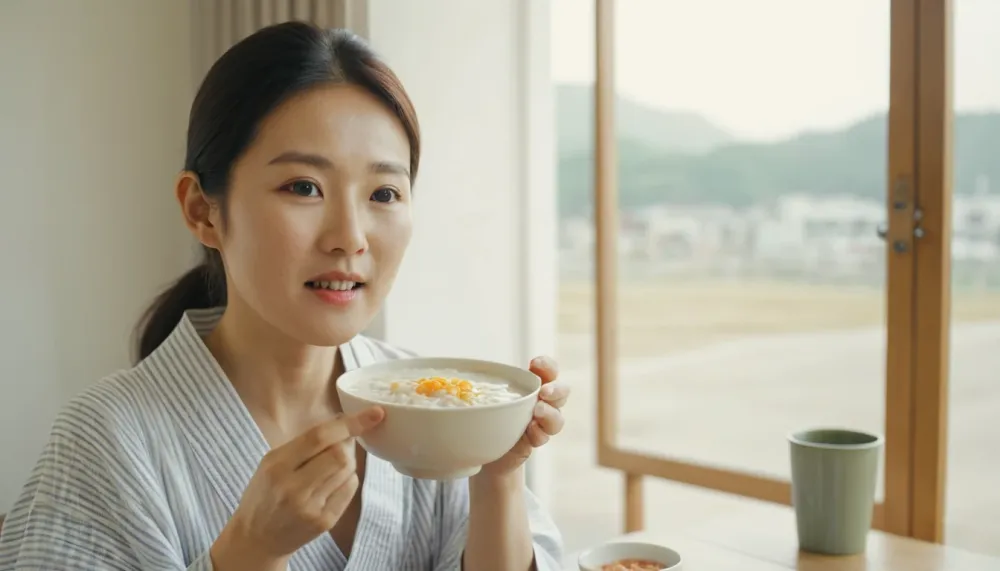 위내시경 후 식사에 좋은 미음 먹는 장면