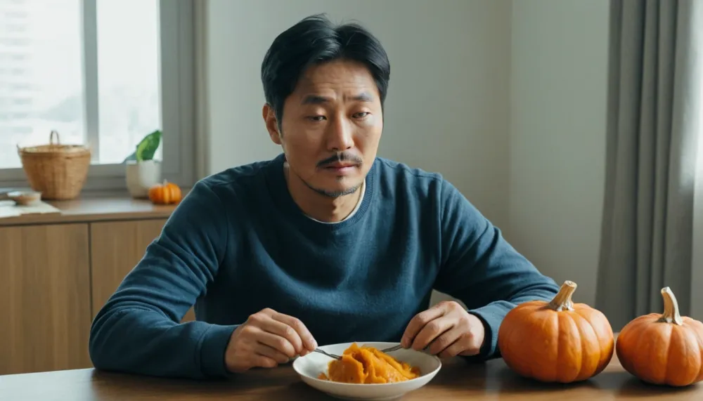 위내시경 검사 후 호박죽을 먹는 중년 남성의 모습