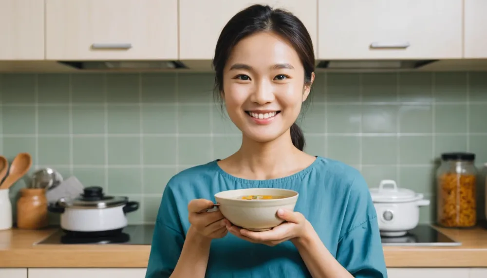 위내시경 후 따뜻한 국을 천천히 먹는 장면