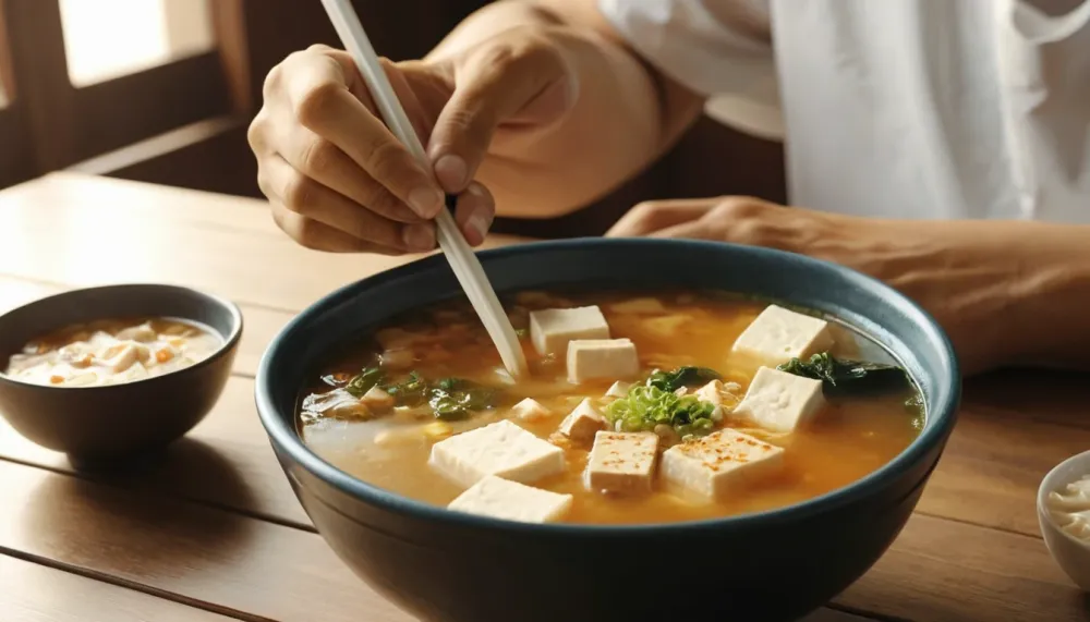 부드럽고 자극 없는 연두부 요리를 식사로 선택한 장면