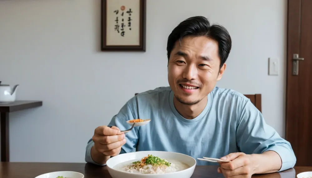 위내시경 후 식사 후 안정을 취하는 남성 모습