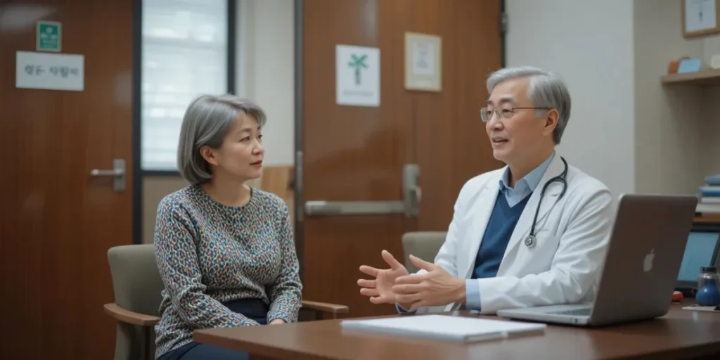 의료진과 검사 전 상황을 편안하게 이야기하는 어르신의 모습