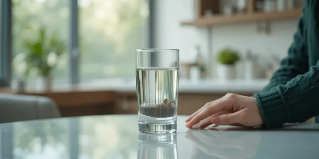 깨끗한 물 한 잔을 바라보며 공복을 유지하는 어르신의 모습