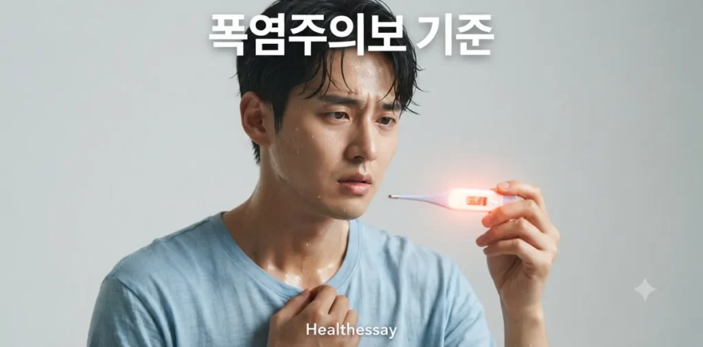 폭염주의보 기준과 대응 요령, 안전한 여름을 위한 필수 정보 2 폭염주의보 기준을 확인하며 빨간 온도계를 바라보는 더위에 지친 남성의 모습