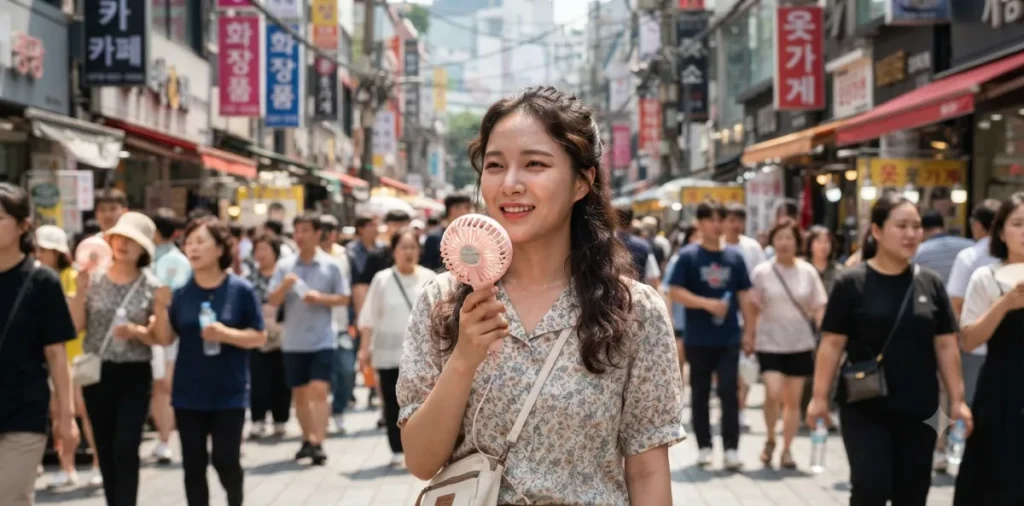 폭염주의보 기준과 대응 요령, 안전한 여름을 위한 필수 정보 7 기후 위기로 유난히 더운 도심 거리에서 휴대용 선풍기를 작동하는 젊은 여성 모습