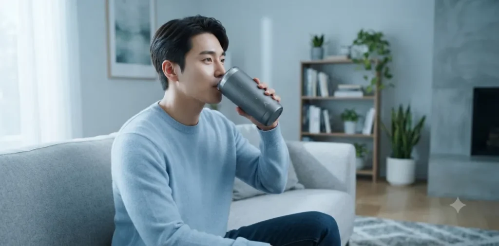 폭염주의보 기준과 대응 요령, 안전한 여름을 위한 필수 정보 5 여름철 생활수칙에 따라 시원한 거실에서 텀블러로 물을 마시며 휴식하는 남성의 모습