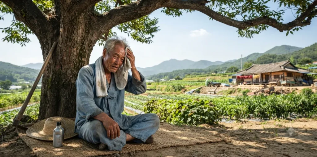 폭염주의보 기준과 대응 요령, 안전한 여름을 위한 필수 정보 6 폭염 피해를 예방하고자 큰 나무 그늘 밑에 앉아 모자를 벗고 땀을 닦는 노인 모습