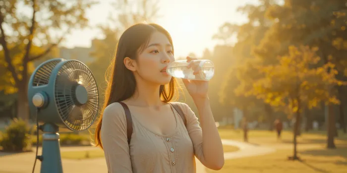 폭염주의보 기준 날씨에 물을 마시며 휴대용 선풍기를 사용하는 모습