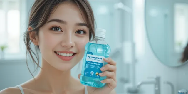 헥사메딘 가글을 손에 들고 미소 짓는 모습