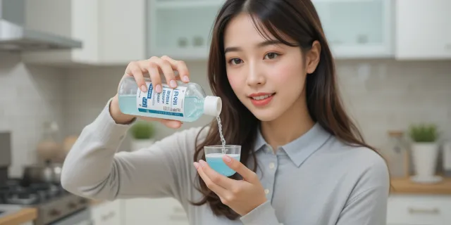 헥사메딘 가글을 작은 컵에 붓는 과정