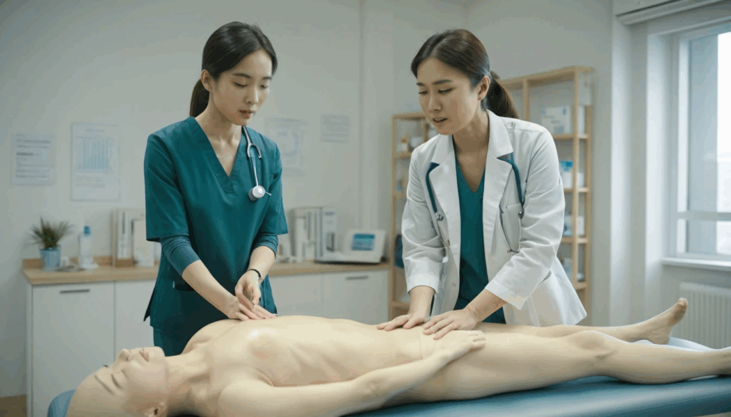 고관절 통증 원인과 대처법, 놓치기 쉬운 통증 신호 확인하기 5 물리치료사가 환자에게 고관절 구조를 설명하는 장면