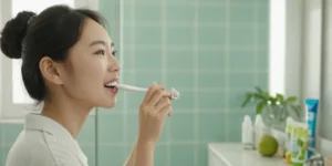 치석제거 치약으로 양치하는 장면