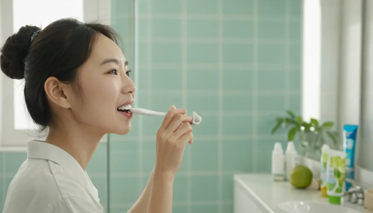 치석제거 치약으로 양치하는 장면