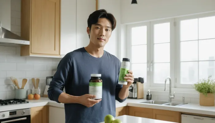 테스토스테론 수치 관리 영양제 들고 있는 모습