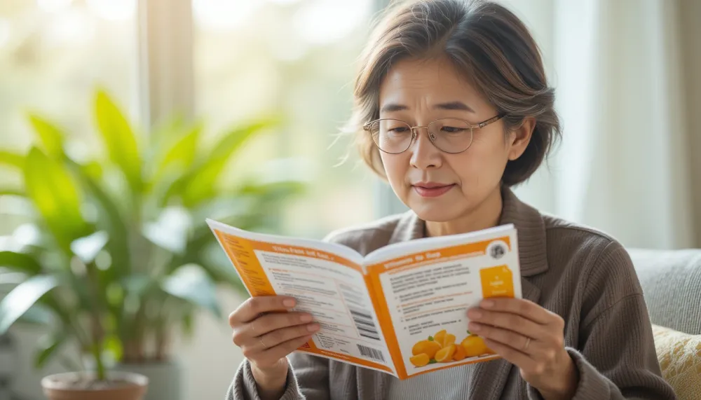 제품 설명서를 자세히 확인하며 올바른 복용법을 체크하는 모습