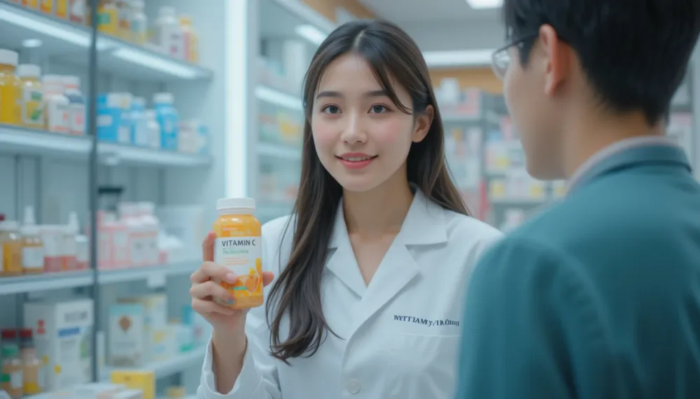 전문가에게 비타민C 복용에 대해 설명을 듣는 모습