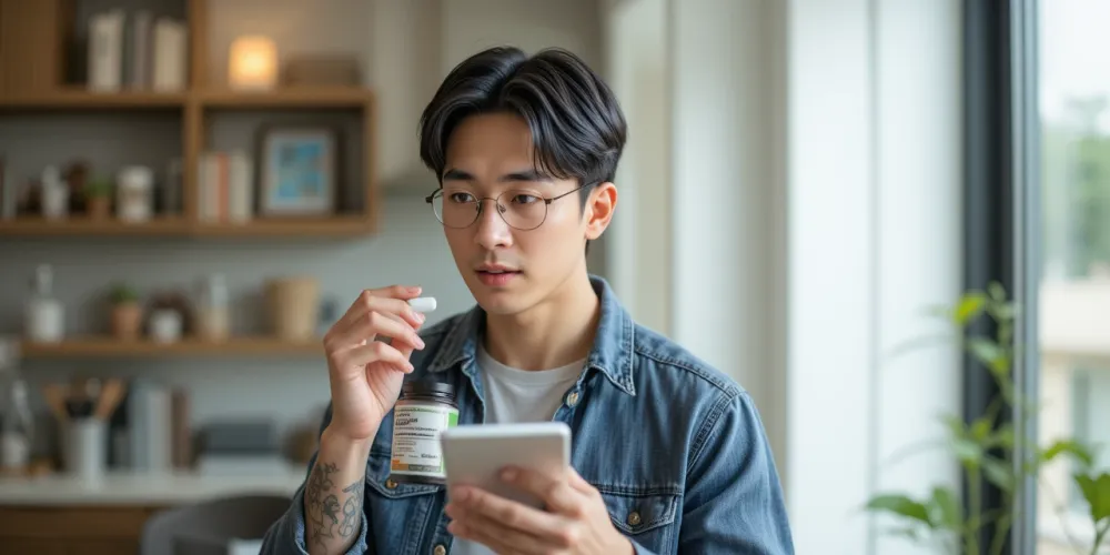 필수 영양제를 꼼꼼히 살펴보며 건강을 챙기는 중년 남성의 모습