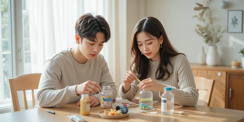 부부가 함께 인기 영양제를 정리하며 건강 루틴을 실천하는 모습