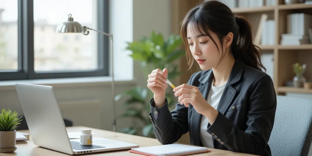 직장인이 책상에서 비타민D를 챙기며 일상 속 건강 관리를 하는 장면