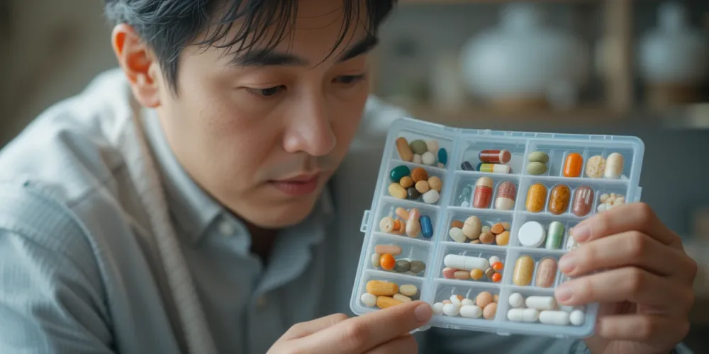 필수 영양제를 하루치로 정리하며 꾸준함을 실천하는 남성의 모습