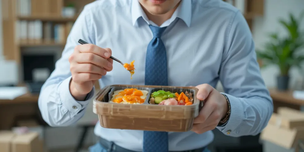 사무실에서 점심으로 건강 도시락을 즐기는 장면
