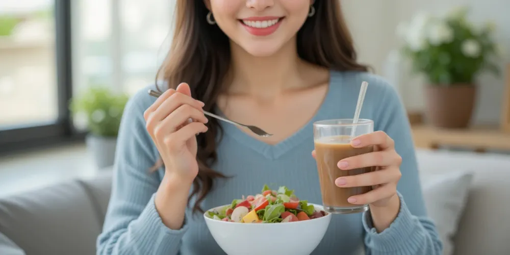 집에서 간단한 체지방 감량 식단을 실천하는 장면