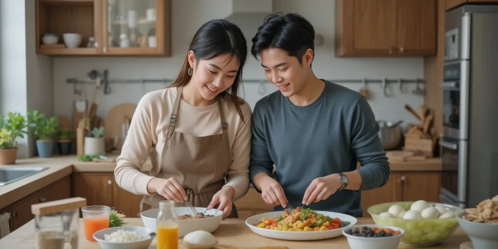 주방에서 7일 식단을 함께 준비하는 부부의 모습