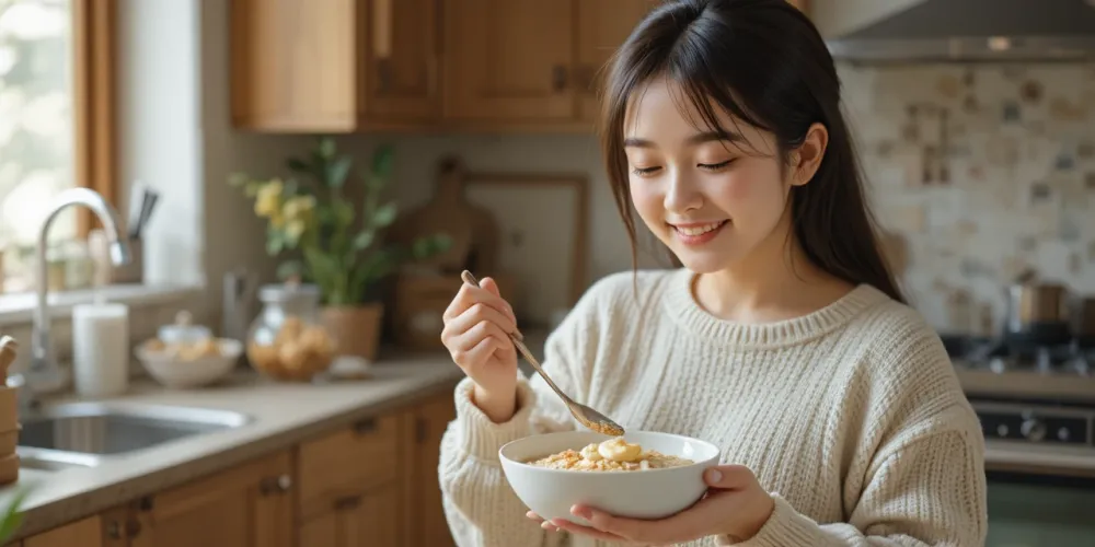 위염에 좋은 음식 오트밀과 바나나를 먹는 모습