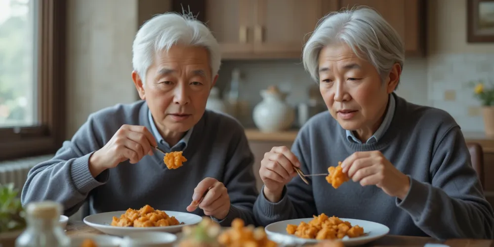 소화에 부담이 없는 부드러운 음식을 먹는 부부의 모습