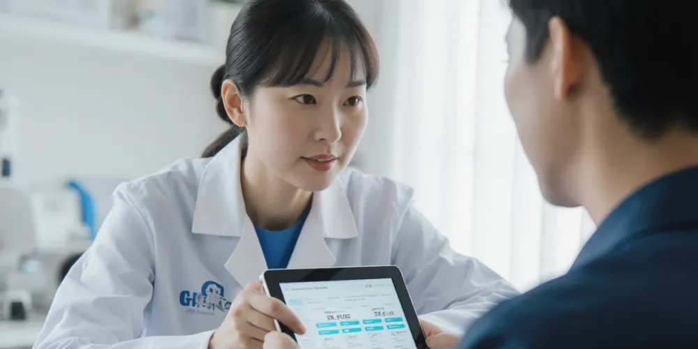 클리닉에서 태블릿으로 유전자 검사 비용을 설명하는 장면