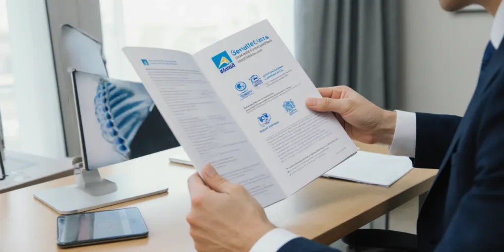 사무실 책상 위에서 유전자 검사 기관 브로셔를 살펴보는 직장인의 모습