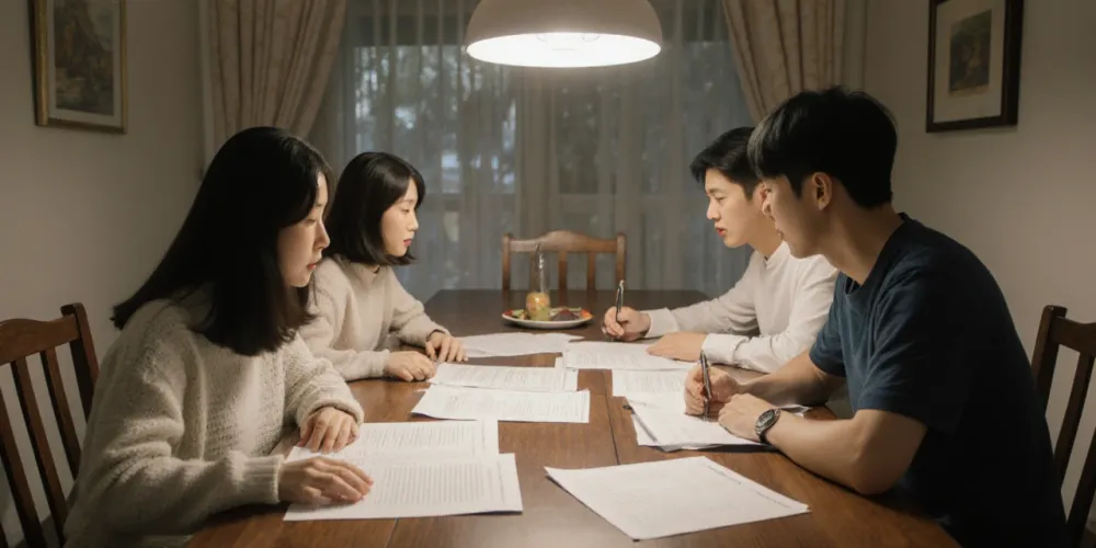 식탁 위에서 유전자 검사 결과지를 함께 보는 가족의 장면