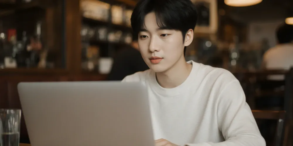 카페에서 노트북으로 유전자 검사 비용을 비교 검색하는 청년의 모습