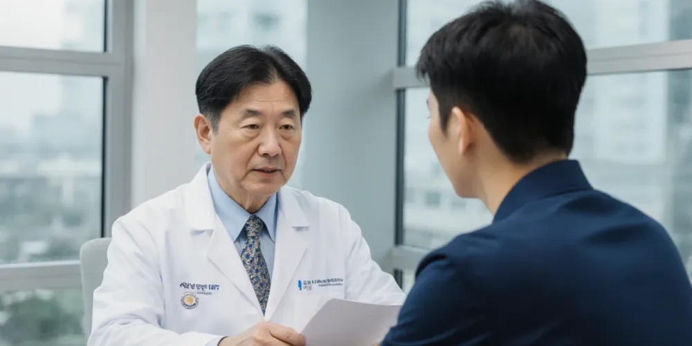 의료진과 유전자 검사 기관 선택을 상담하는 남성의 모습