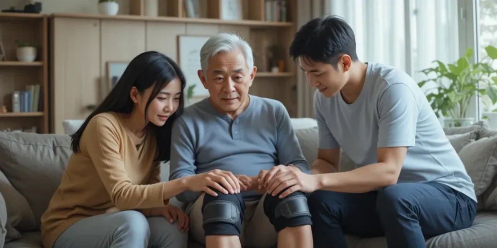 집에서 가족과 함께 무릎 보호대를 착용하는 노인의 모습