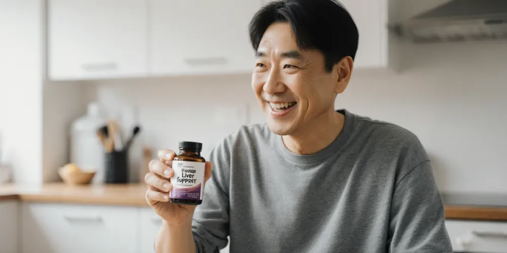 간기능 개선 영양제 섭취하는 중년 남성
