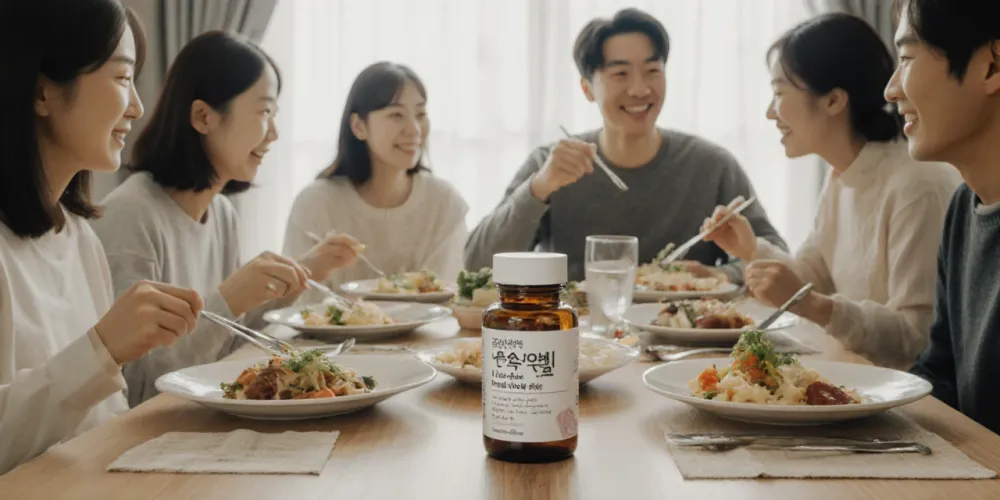온 가족이 저녁 식사를 나누며 간기능 영양제를 함께 두고 있는 모습