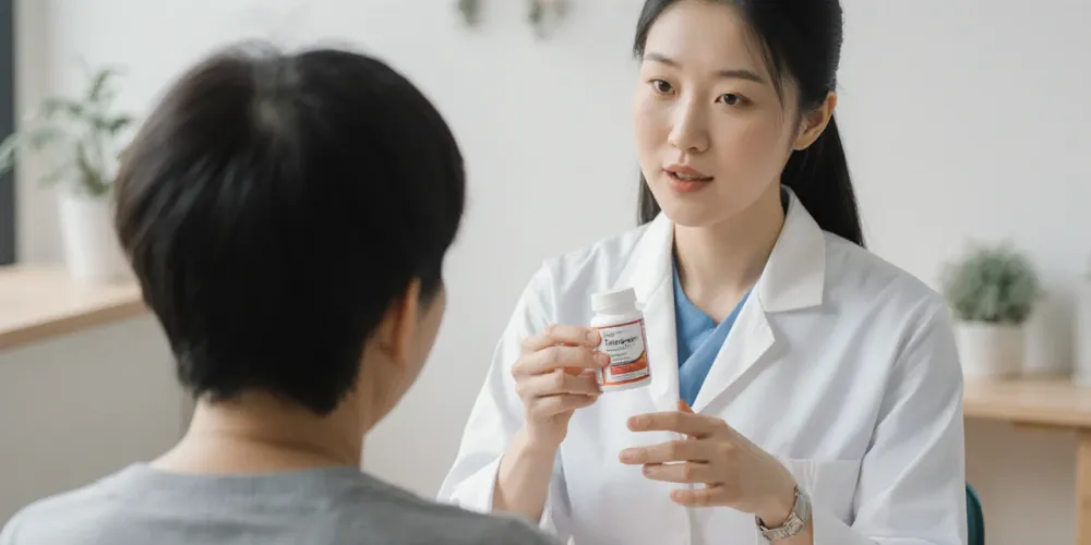 영양사가 환자에게 간기능 영양제의 효능을 설명하는 장면