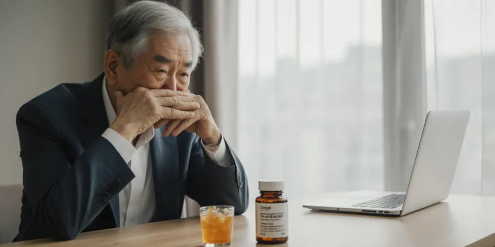 건강 검진표를 확인하며 간기능 영양제 덕분에 안도하는 노년 남성 모습