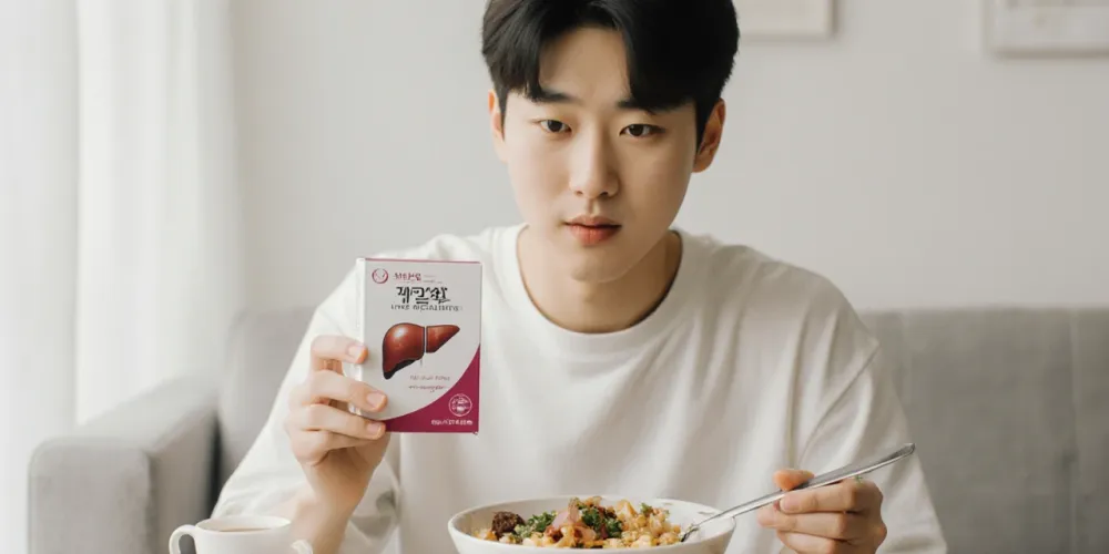 균형 잡힌 아침 식사와 함께 간기능 영양제를 챙기는 청년의 모습