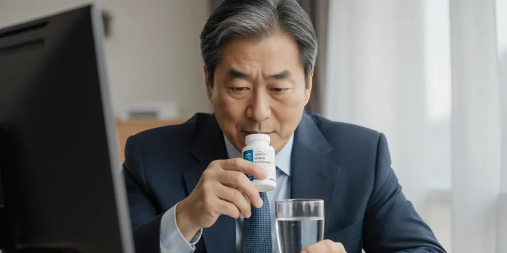 물과 함께 간기능 개선 영양제를 섭취하는 직장인의 모습