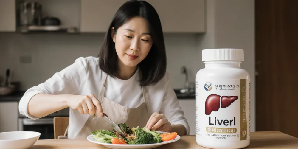 신선한 채소를 준비하면서 간기능 영양제를 함께 두고 관리하는 여성의 장면