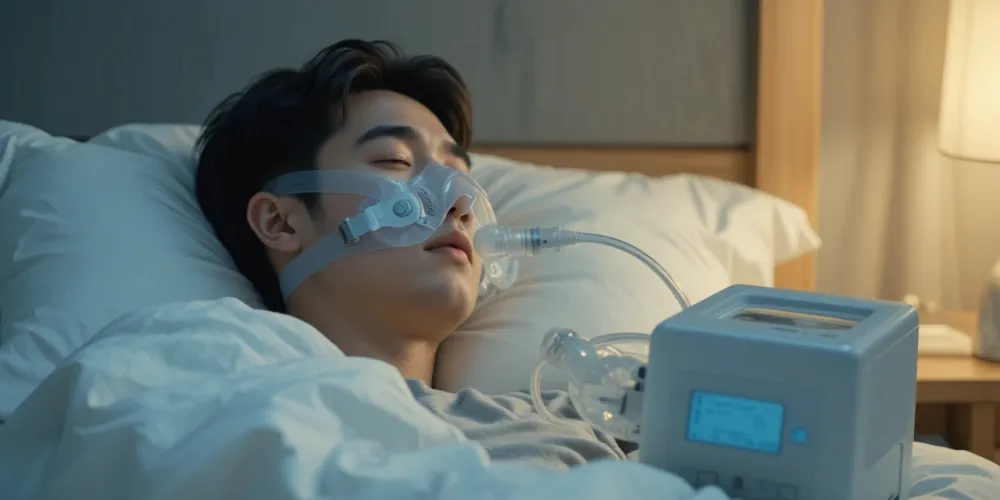 수면 무호흡증 치료 위해 CPAP 기기 착용한 남성의 모습