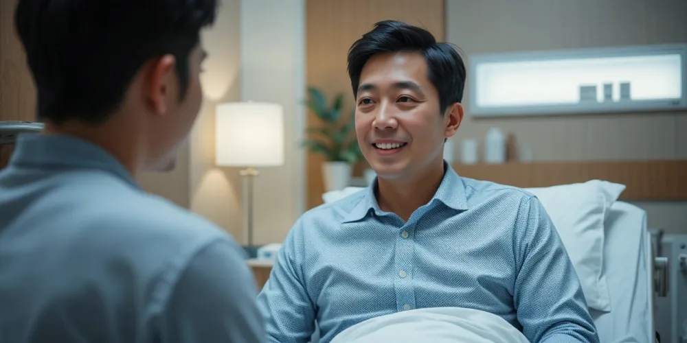 전문가와 수면 무호흡증 치료 상담을 받는 남성의 모습